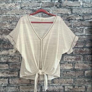 Max Studio Beige Tie-Front top with flutter sleeves and embroidered trim.So soft
